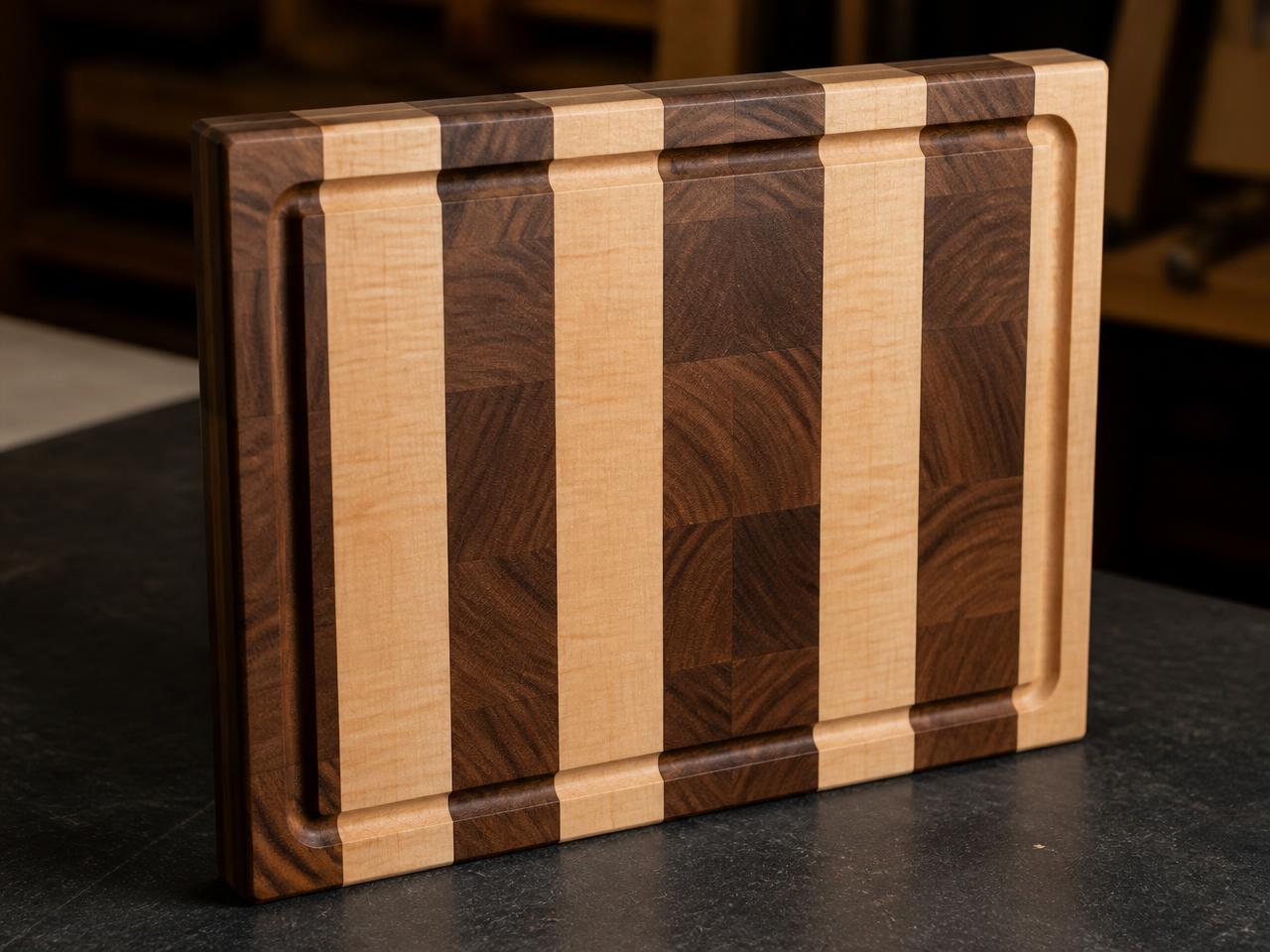 End grain walnut and maple carving board with a routed juice groove
