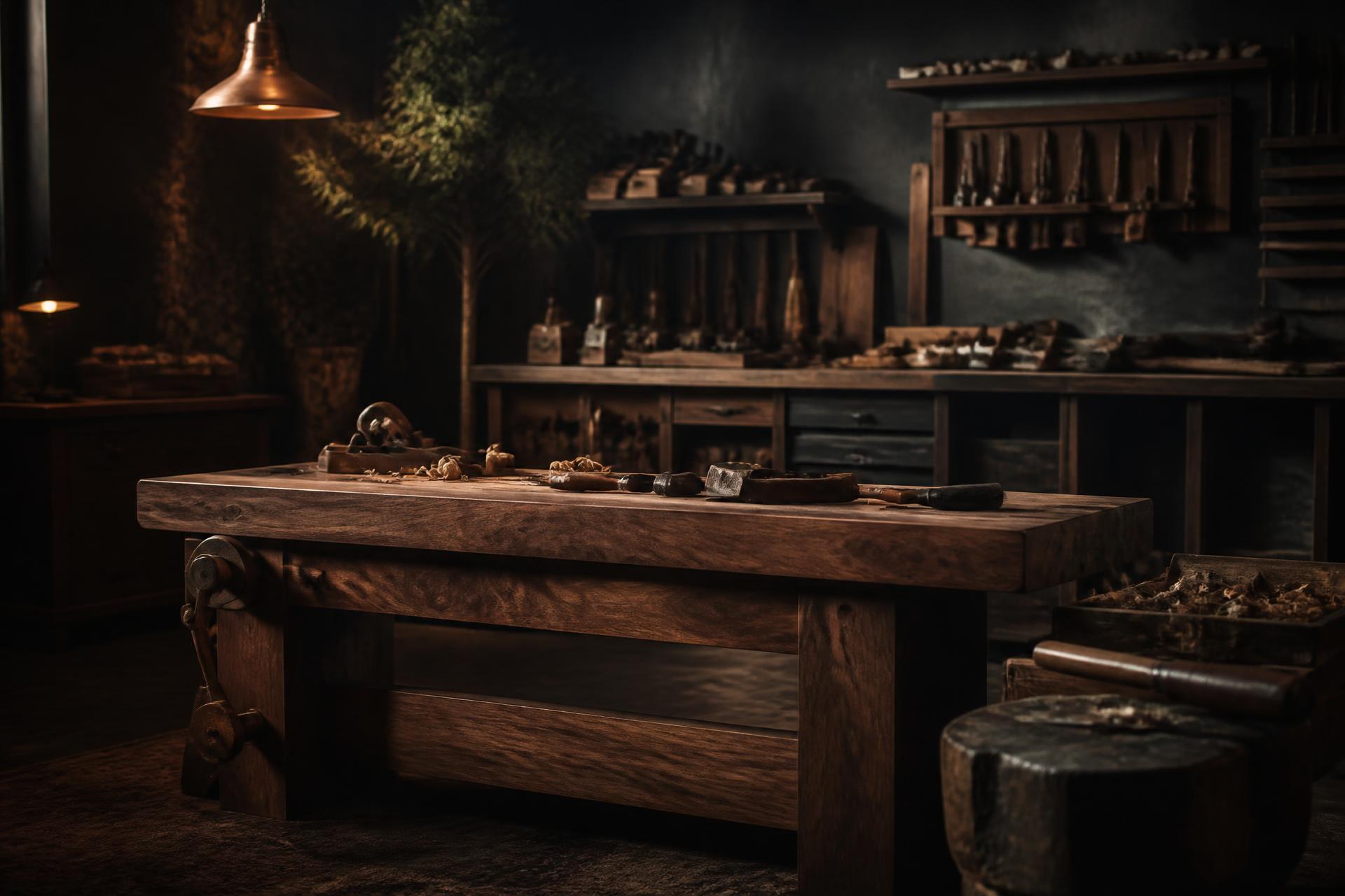 Custom woodworking workshop with a handcrafted solid wood workbench and hand tools