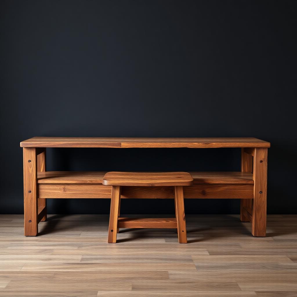 Handcrafted wooden bench and matching stool