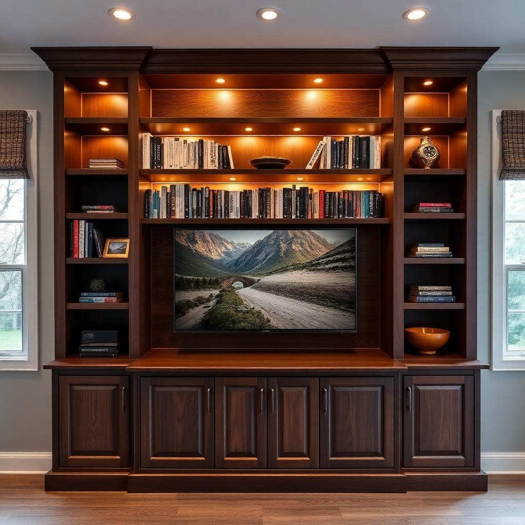 Custom built-in shelving and entertainment center in dark wood