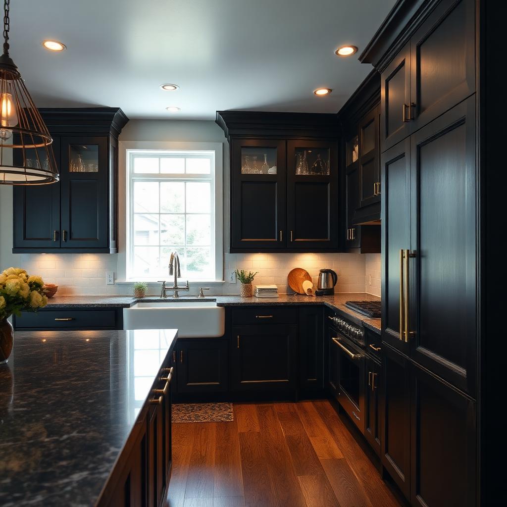 Dark stained custom kitchen cabinetry with brass hardware