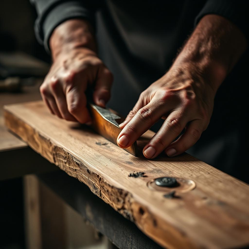 Close-up of hand tool work on an oak board